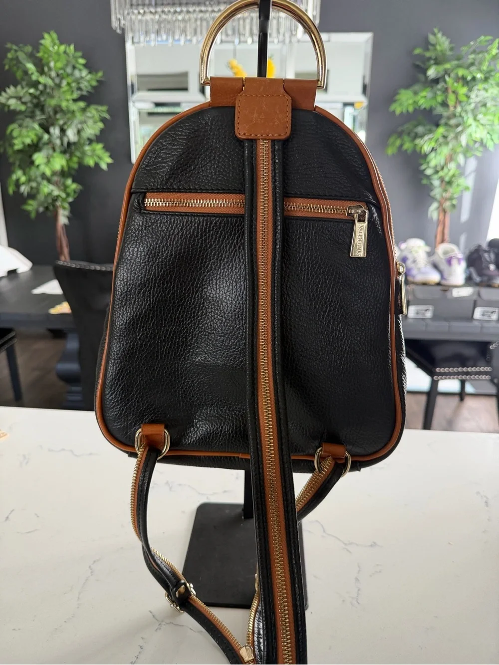 Valentina Black and Tan Leather Backpack with Gold Hardware